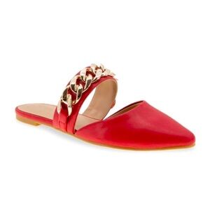 BCBGeneration Ester Mule Red, Size 8 Gold-Tone Chain Point Toe Low Heel 0.5”